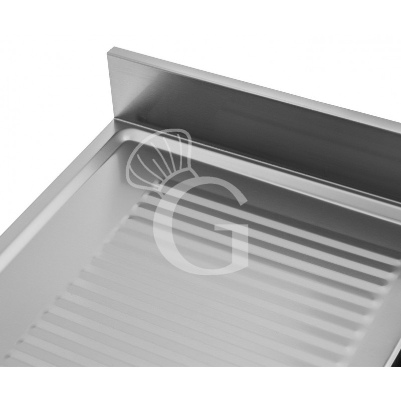 Lavello semplice con alzatina, 1 ripiano, 2 vasche, gocciolatoio a sinistra, L1400xP700xH965mm - con foro rubinetto Ø 32 mm