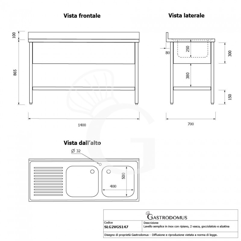 Lavello semplice con alzatina, 1 ripiano, 2 vasche, gocciolatoio a sinistra, L1400xP700xH965mm - con foro rubinetto Ø 32 mm