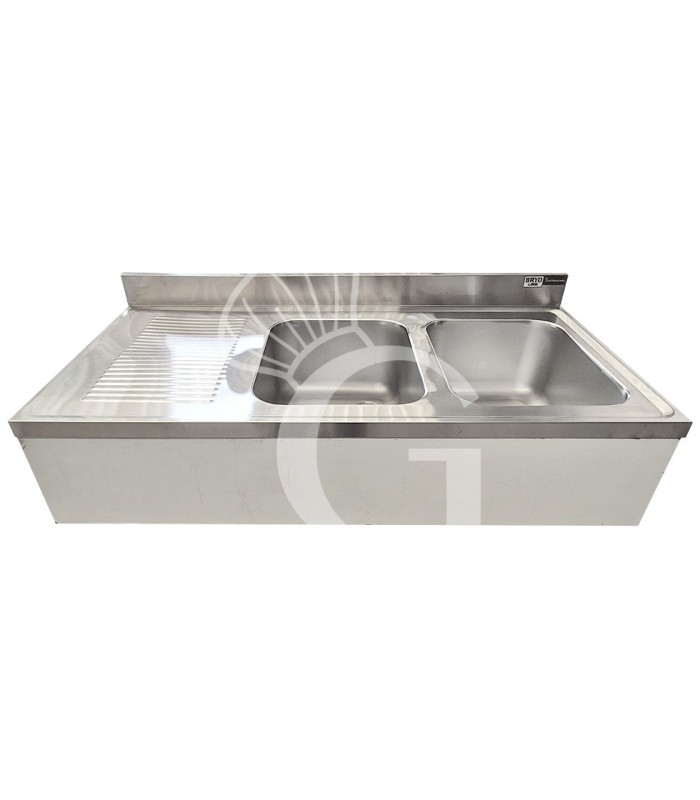 Lavello semplice con alzatina, 1 ripiano, 2 vasche, gocciolatoio a sinistra, L1400xP700xH965mm - SECONDA SCELTA