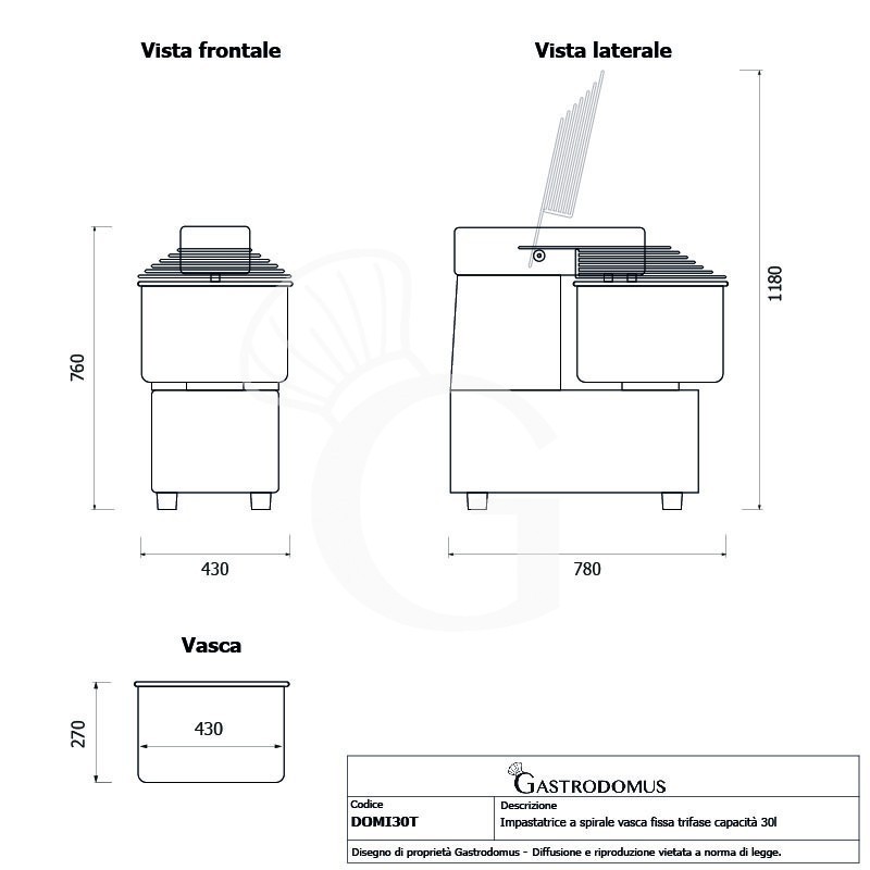 Impastatrice a spirale a testa e vasca fisse - 30 LT - Trifase - 2 velocità - SECONDA SCELTA