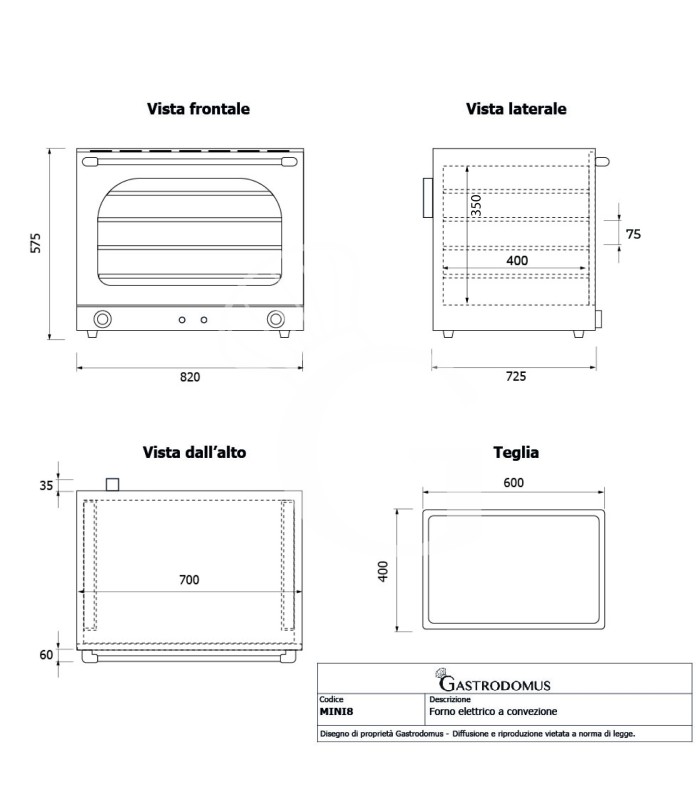 Forno elettrico a convezione e vapore, porta ribalta, comandi meccanici, 4 teglie 600x400 mm, potenza 6,4 kw