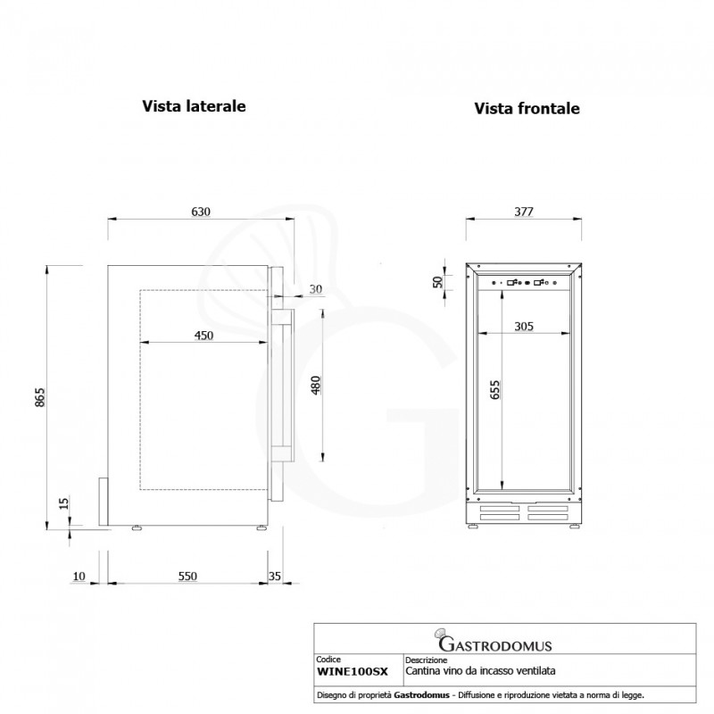 Cantina Vino da incasso Ventilata porta inox 100 LT 6 ripiani 30 bottiglie +5°C/+22°C - vista frontale e laterale