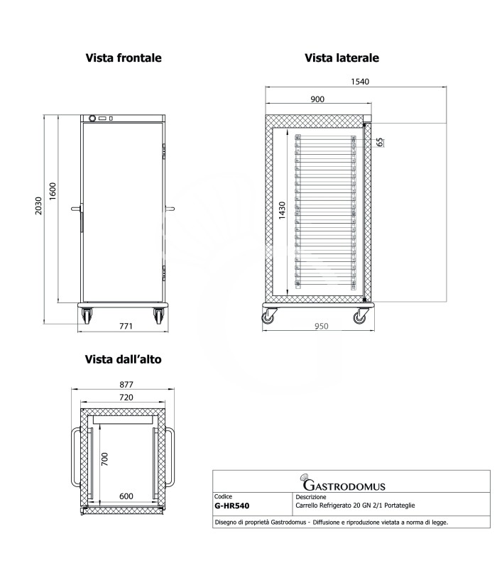 Carrello Refrigerato 20 GN 2/1 Portateglie, 540 Litri, Acciaio Inox AISI 304 con Ruote