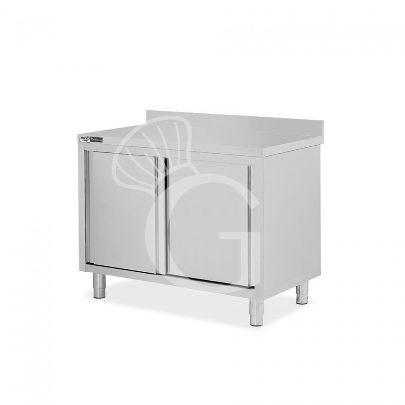 Tavolo inox armadiato con 2 porte scorrevoli e alzatina, L 1000 mm x P 700 mm x H 950 mm