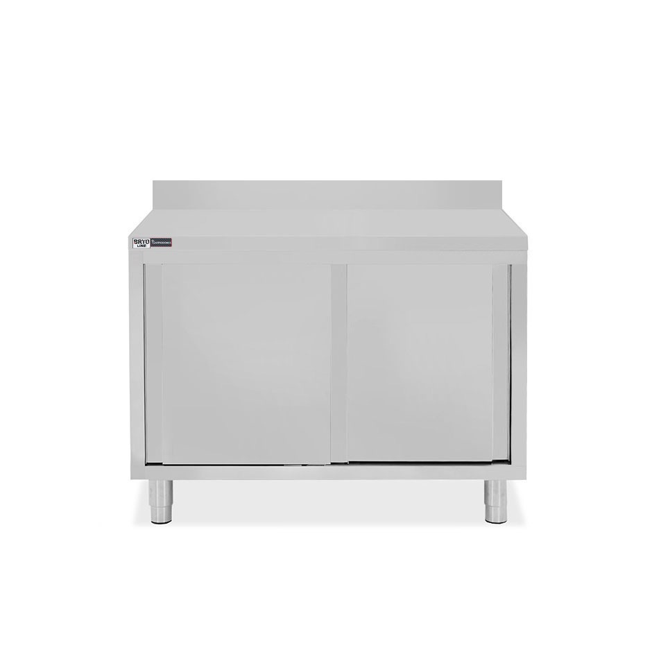 Tavolo inox armadiato con 2 porte scorrevoli e alzatina, L 1000 mm x P 700 mm x H 950 mm