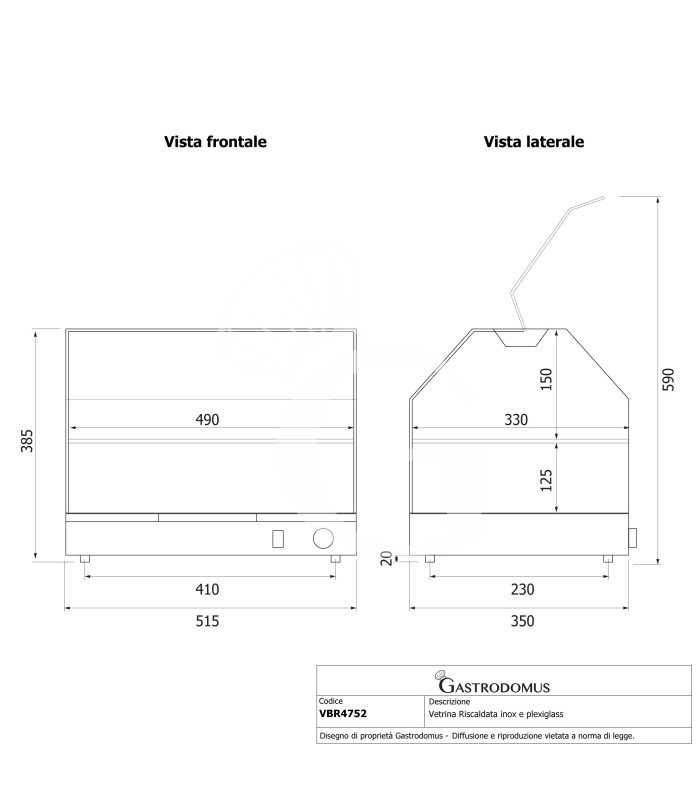 Vetrina Riscaldata inox e plexiglass 2 piani +30°C/+90°C L 515 mm x P 350 mm x H 385 mm