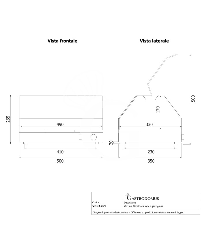 Vetrina Riscaldata inox e plexiglass 1 piano +30°C/+90°C L 500 mm x P 350 mm x H 265 mm