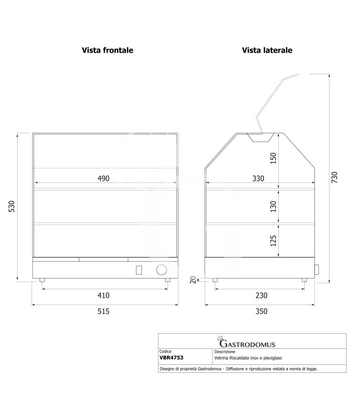 Vetrina Riscaldata inox e plexiglass 3 piani +30°C/+90°C L 510 mm x P 350 mm x H 550 mm