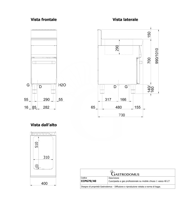 Cuocipasta a gas professionale su mobile chiuso 1 vasca 40 LT L 400 mm x P 700 mm x H 850 mm