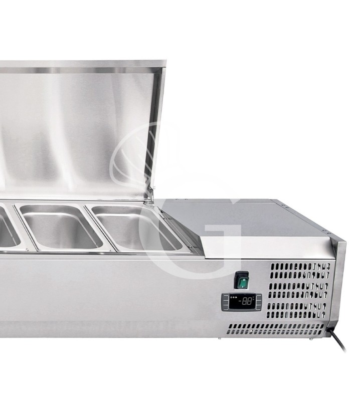 Vetrinetta refrigerata per pizzeria con coperchio in acciaio inox L 1800 mm per 9 bacinelle GN1/4
