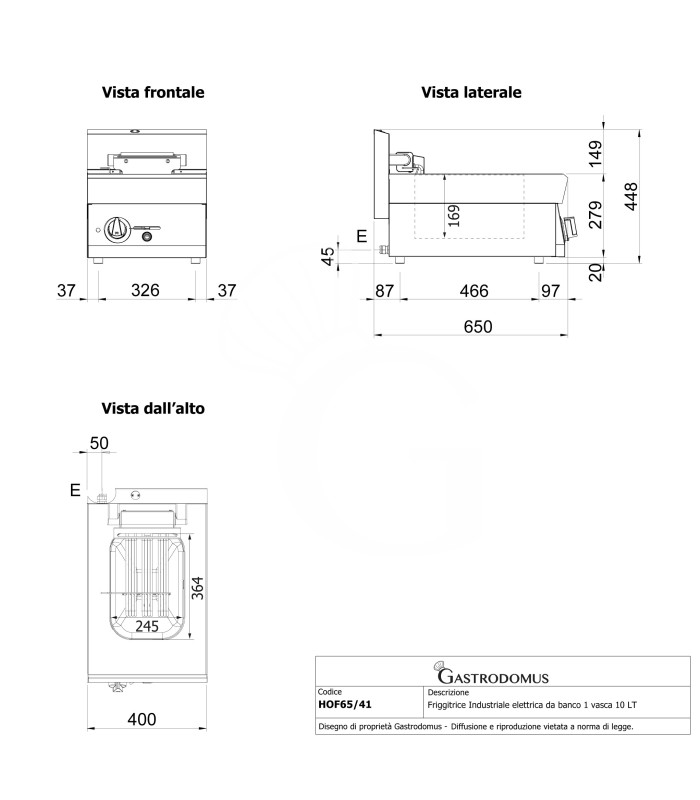 Friggitrice Industriale elettrica da banco 1 vasca 10 LT 7,5 Kw Trifase - P 650 mm