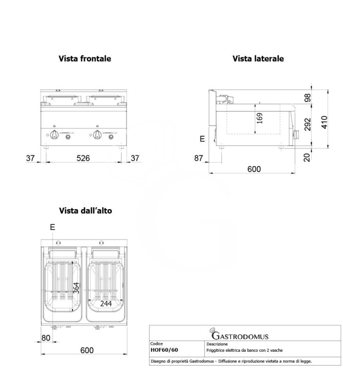 Friggitrice Industriale elettrica da banco 2 vasche 10 + 10 LT 15 Kw Trifase - P 600 mm