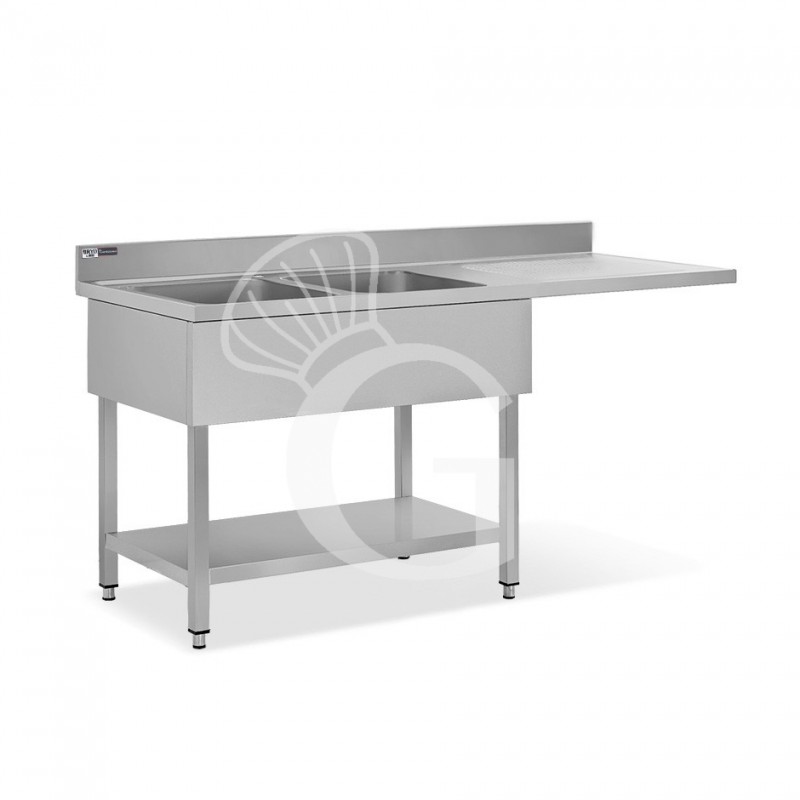 Lavello con vano lavastoviglie,gocciolatoio a destra,2 vasche,L2000xP600xH965mm - con foro rubinetto Ø 32 mm