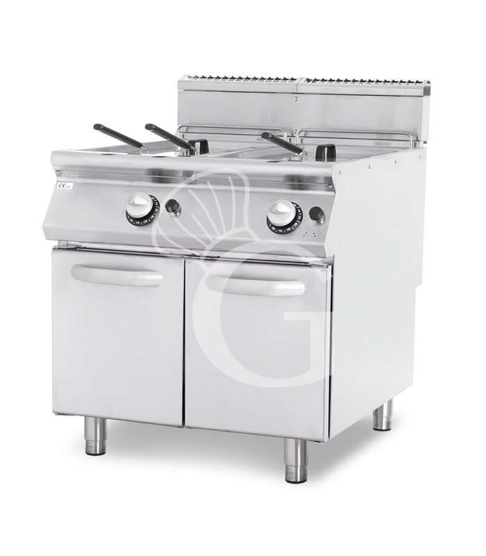 Friggitrice a Gas Professionale 17+17 Litri su armadio chiuso prof. 900 mm – 2 Vasche con bruciatori non a vista 32 kW