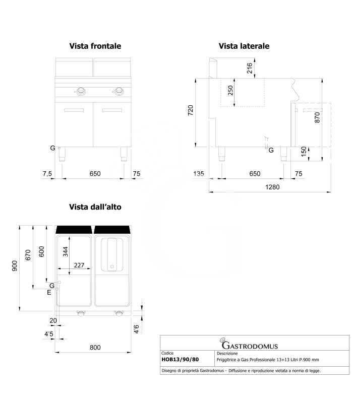Friggitrice a Gas Professionale 13+13 Litri su armadio chiuso prof. 900 mm – 2 Vasche con bruciatori non a vista 24 kW