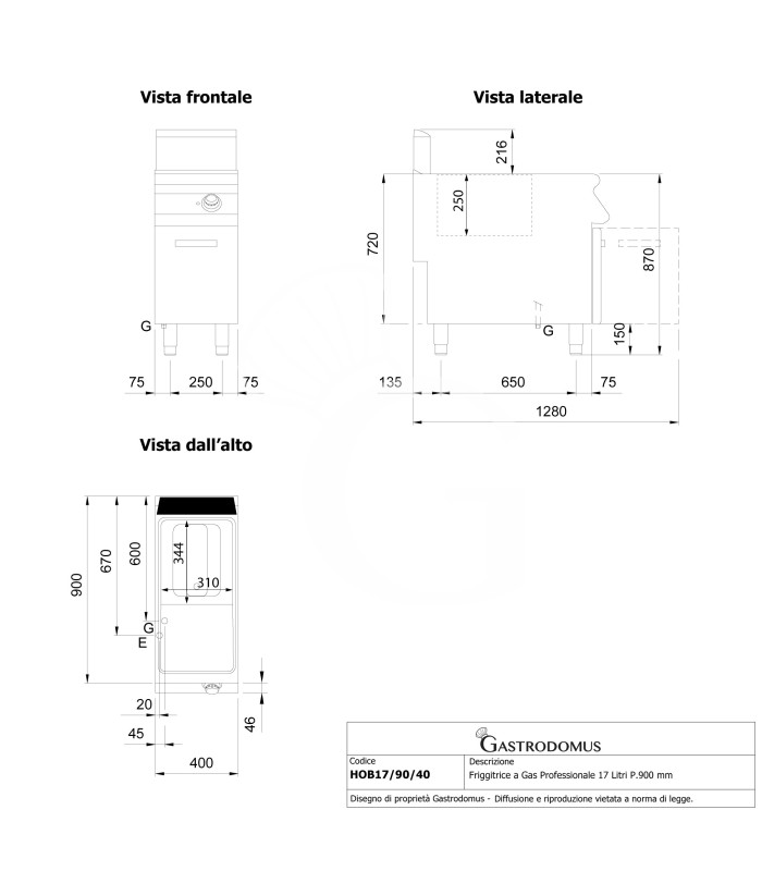 Friggitrice a Gas Professionale 17 Litri su armadio chiuso prof. 900 mm – 1 Vasca con bruciatori non a vista 16 kW