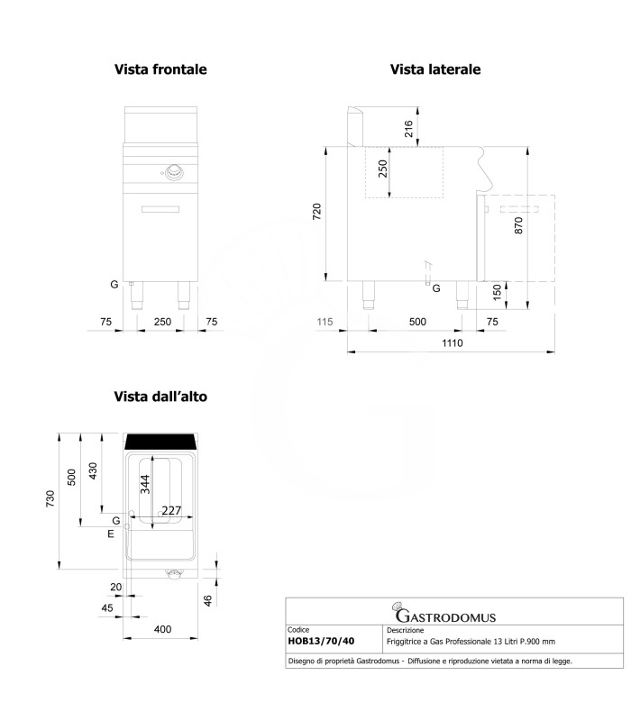 Friggitrice a Gas Professionale 13 Litri su armadio chiuso – 1 Vasca con bruciatori non a vista 12 kW