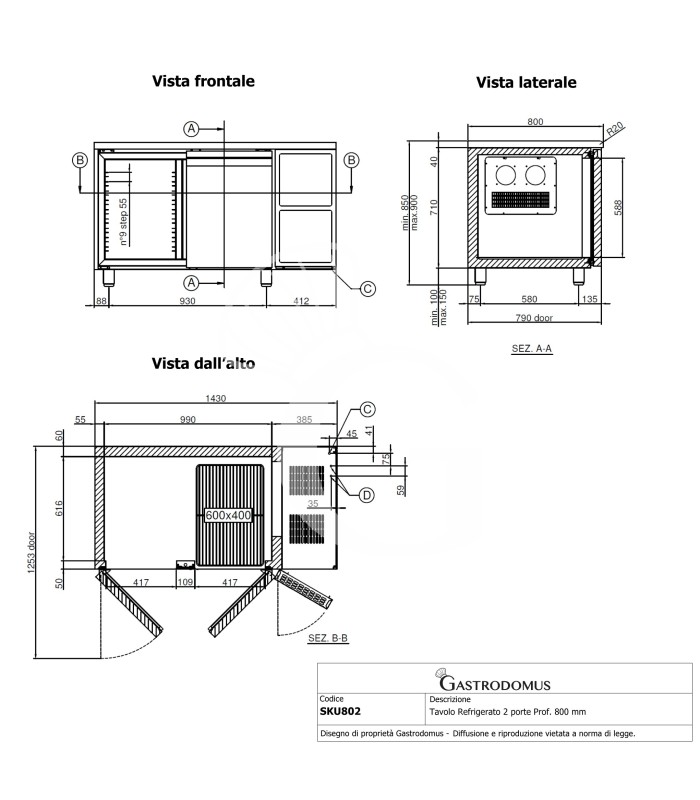 Tavolo Refrigerato 2 porte Prof. 800 mm 0°C/+10°C classe energetica A