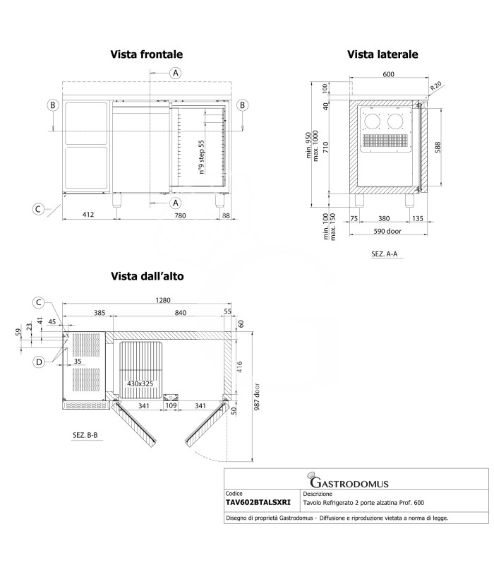 Tavolo Refrigerato 2 porte alzatina Prof. 600 -18°C/-22°C motore a sinistra classe energetica C
