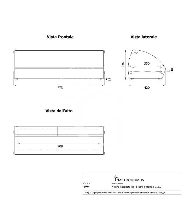 Vetrina Riscaldata inox e vetro 4 bacinelle GN1/3 H 40 mm L 773 mm x P 420 mm x H 336 mm