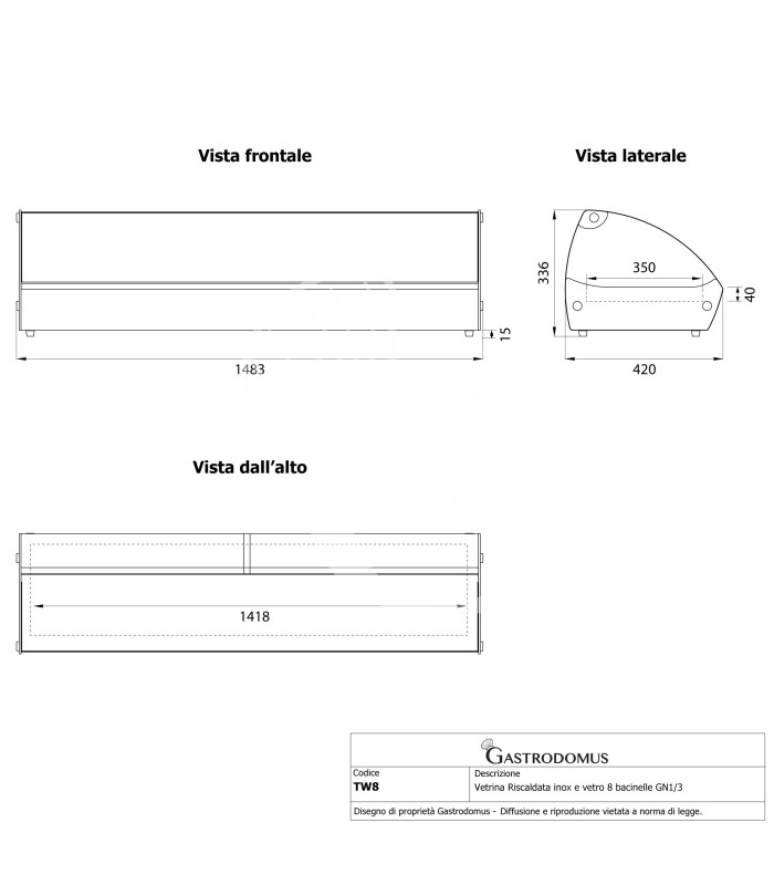 Vetrina Riscaldata inox e vetro 8 bacinelle GN1/3 H 40 mm L 1483 mm x P 420 mm x H 336 mm
