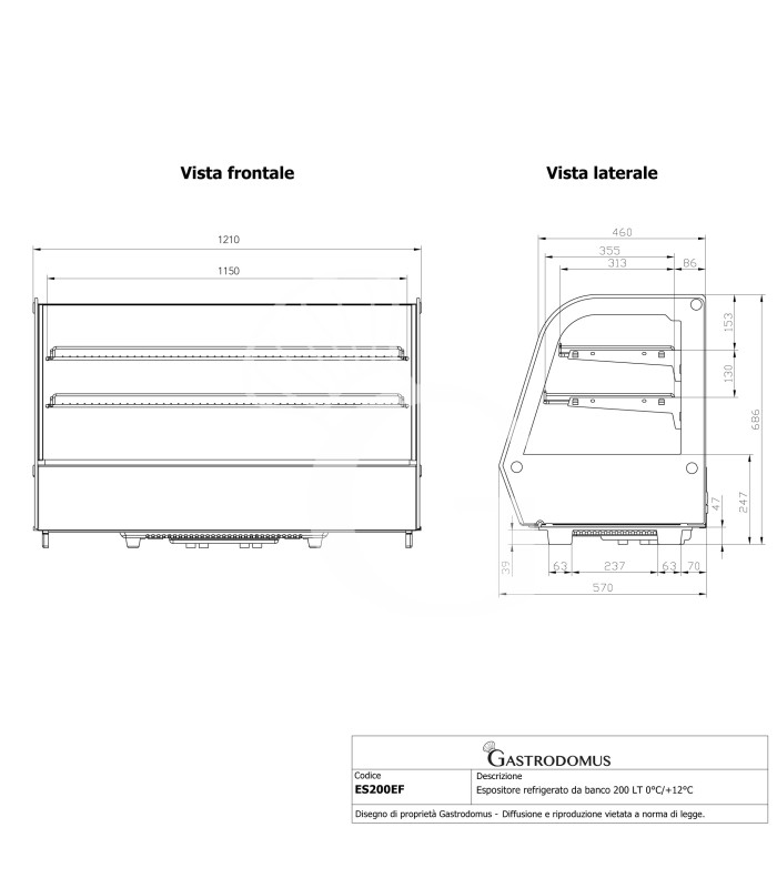 Espositore refrigerato da banco 200 LT 0°C/+12°C L 1210 mm x P 565 mm x H 675 mm