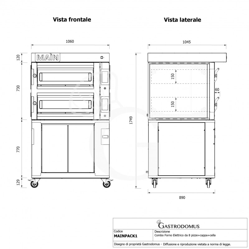 Kit pizzeria con forno elettrico, banco pizza, impastatrice 32 L, stendipizza, affettatrice e set pale.