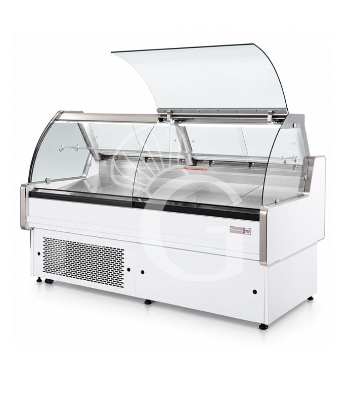Banco refrigerato ventilato vetro curvo, 0°/+5°C, L 1805 mm, completo di luce, vetro intermedio e vetri posteriori