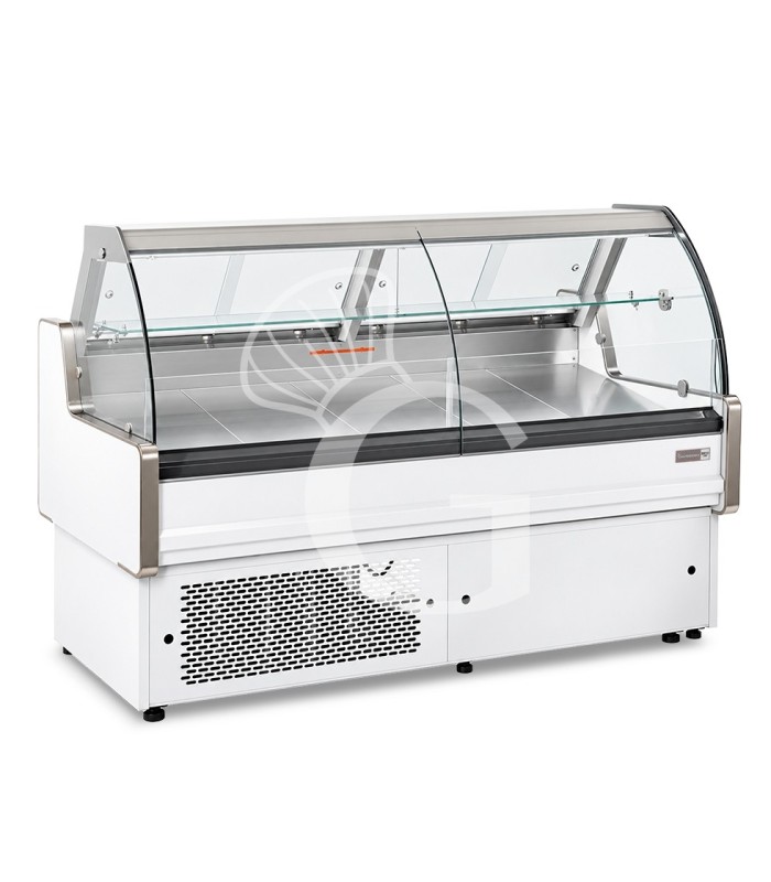 Banco refrigerato ventilato vetro curvo, 0°/+5°C, L 1805 mm, completo di luce, vetro intermedio e vetri posteriori