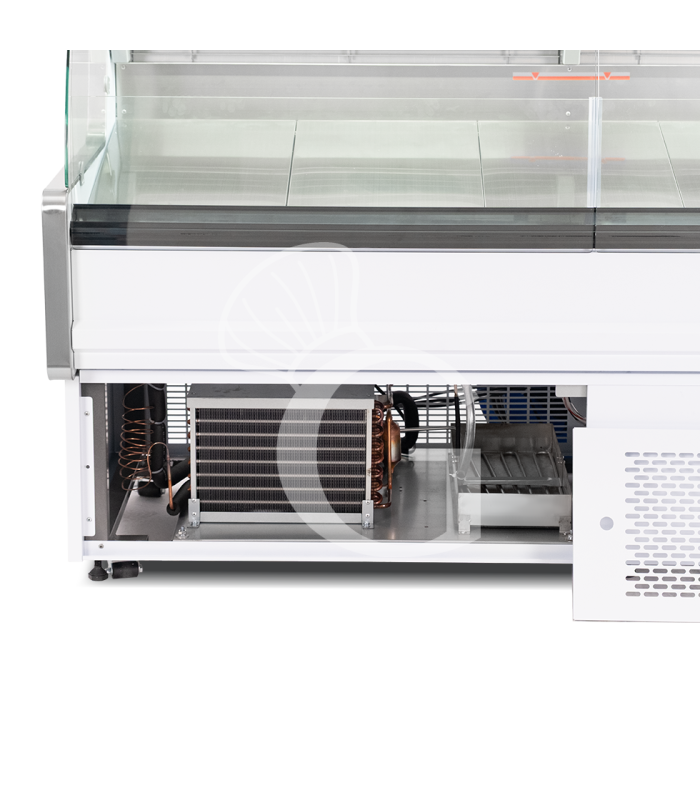 Banco refrigerato ventilato vetro curvo, 0°/+5°C, L 1805 mm, completo di luce, vetro intermedio e vetri posteriori