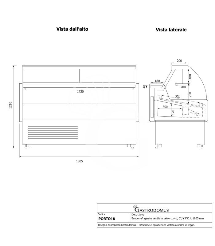 Banco refrigerato ventilato vetro curvo, 0°/+5°C, L 1805 mm, completo di luce, vetro intermedio e vetri posteriori