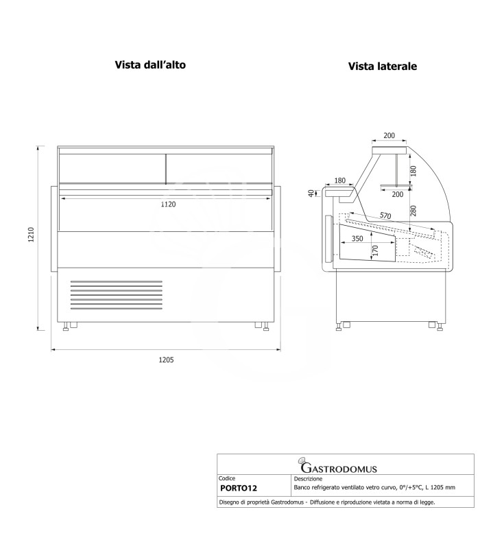 Banco refrigerato ventilato vetro curvo, 0°/+5°C, L 1205 mm, completo di luce, vetro intermedio e vetri posteriori