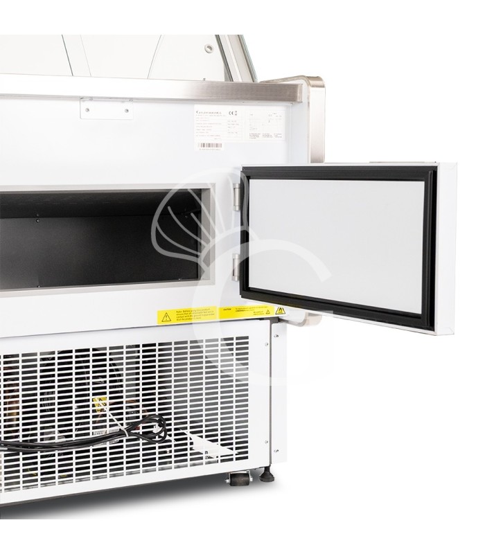 Banco refrigerato ventilato vetro curvo, 0°/+5°C, L 2585 mm, completo di luce, vetro intermedio e vetri posteriori
