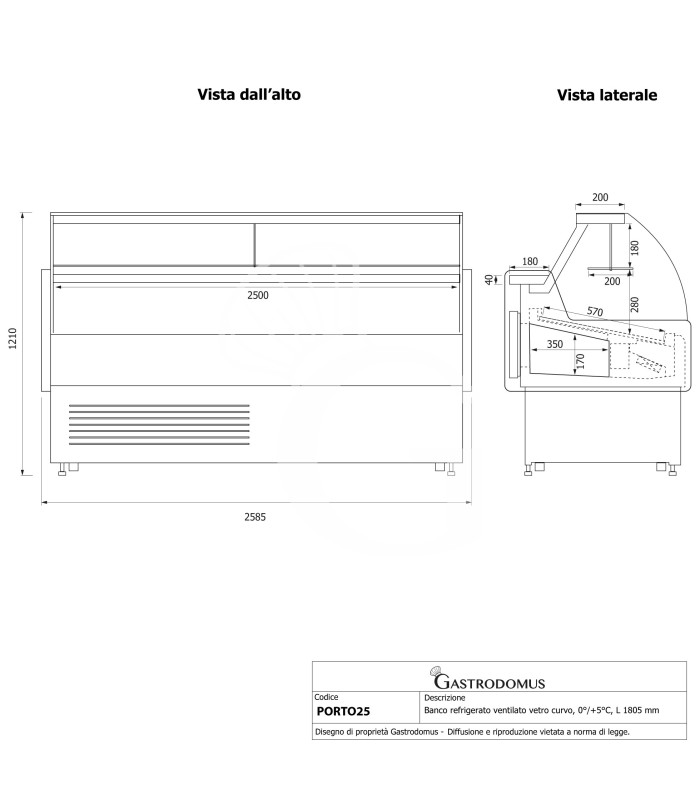 Banco refrigerato ventilato vetro curvo, 0°/+5°C, L 2585 mm, completo di luce, vetro intermedio e vetri posteriori