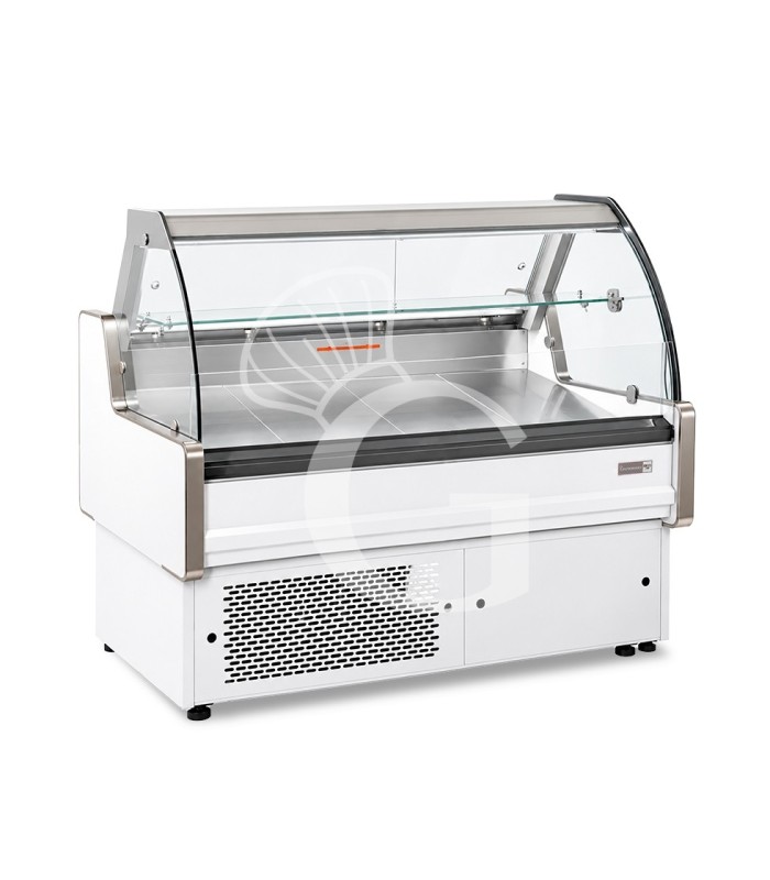 Banco refrigerato ventilato vetro curvo, 0°/+5°C, L 1205 mm, completo di luce, vetro intermedio e vetri posteriori