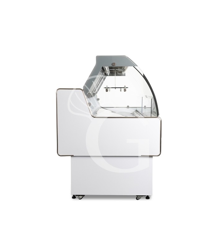 Banco refrigerato ventilato vetro curvo, 0°/+5°C, L 1205 mm, completo di luce, vetro intermedio e vetri posteriori