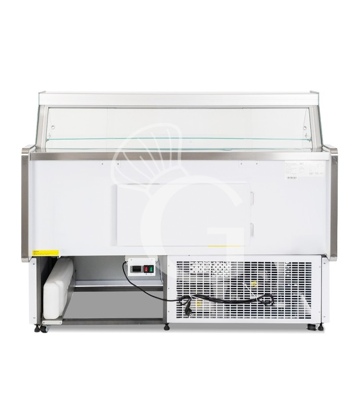 Banco refrigerato ventilato vetro curvo, 0°/+5°C, L 1205 mm, completo di luce, vetro intermedio e vetri posteriori