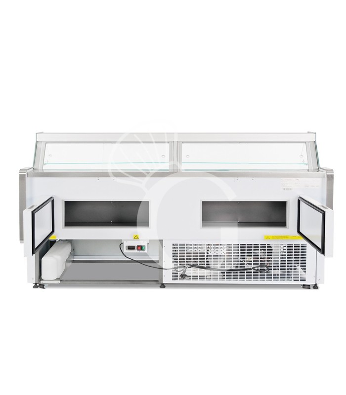 Banco refrigerato ventilato vetro curvo, 0°/+5°C, L 2585 mm, completo di luce, vetro intermedio e vetri posteriori