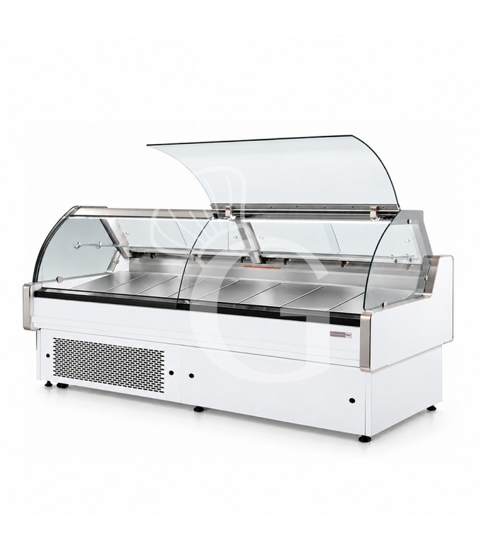 Banco refrigerato ventilato vetro curvo, 0°/+5°C, L 2585 mm, completo di luce, vetro intermedio e vetri posteriori
