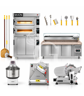 Kit pizzeria con forno elettrico, banco pizza, impastatrice 32 L, stendipizza, affettatrice e set pale.