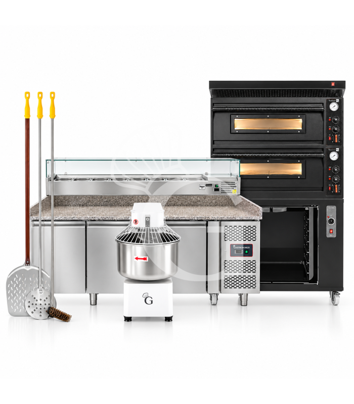 Kit pizzeria professionale con forno elettrico 2 camere, banco pizza refrigerato, impastatrice 20 L e pale pizza