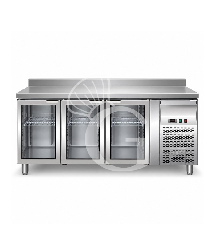 Tavolo refrigerato ventilato 3 porte in vetro alzatina Prof. 700 mm +2°C/+8°C