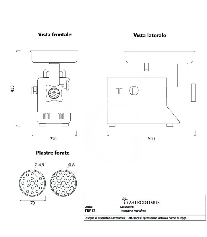 Tritacarne Monofase gruppo macinazione alluminio 160 kg/h L 560 mm x P 255 mm x H 460 mm