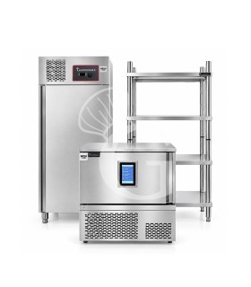Kit Stoccaggio professionale per Ristorante – Armadio Refrigerato 650 L, Scaffale Inox 4 ripiani e Abbattitore digitale 5 Teglie