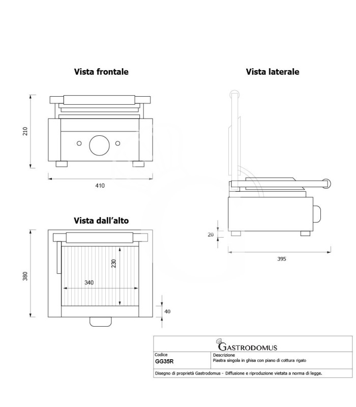 Piastra di cottura rigata in ghisa - L 410 mm X P 380 mm X H 210/520 mm