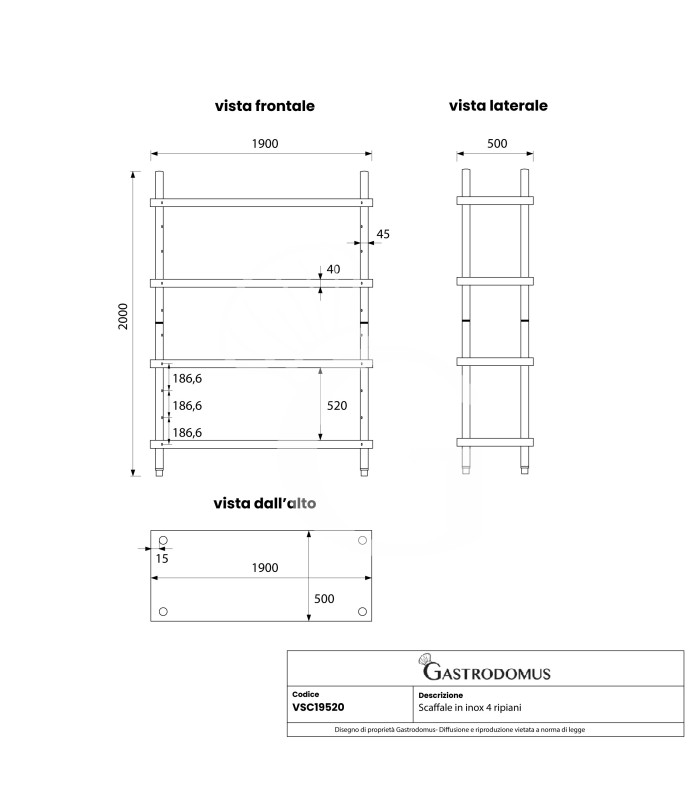 Scaffale Acciaio Inox 4 ripiani regolabili L 1900 x P 500 x H 2000 mm