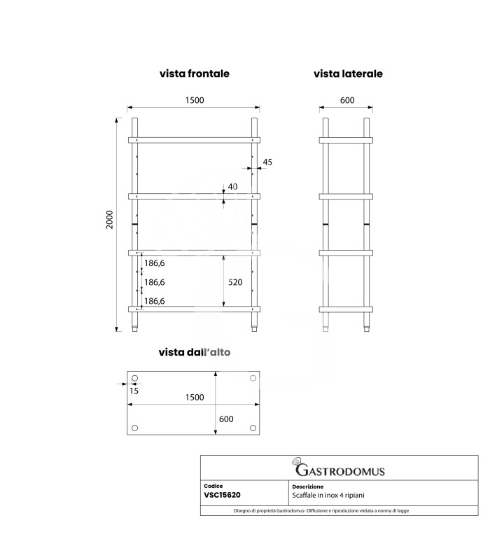 Scaffale Acciaio Inox 4 ripiani regolabili L 1500 x P 600 x H 2000 mm