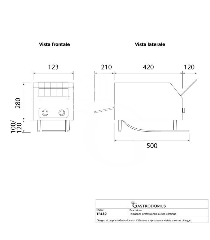 Tostapane professionale a ciclo continuo 150 pz/h – 1,5 KW con cassetto raccogli briciole