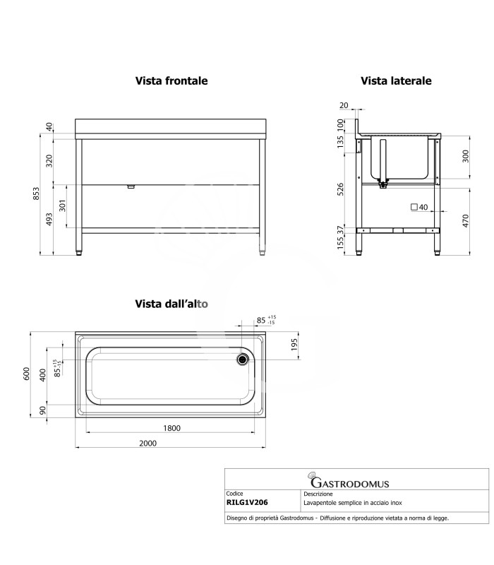 Lavapentole semplice in acciaio inox, 1 ripiano, alzatina, 1 vasca, L 2000 x P 600 x H 950 mm