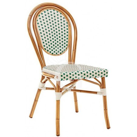 Sedia Molly in alluminio verniciato e bambù, rivestimento in filo di nylon Sedia Molly in alluminio verniciato e bambù, rivestimento in filo di nylon